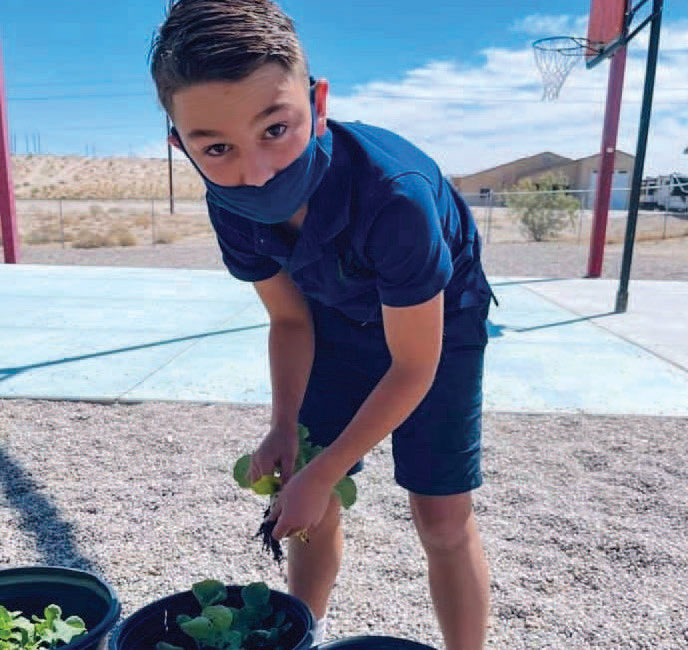 young boy planting into pots outside