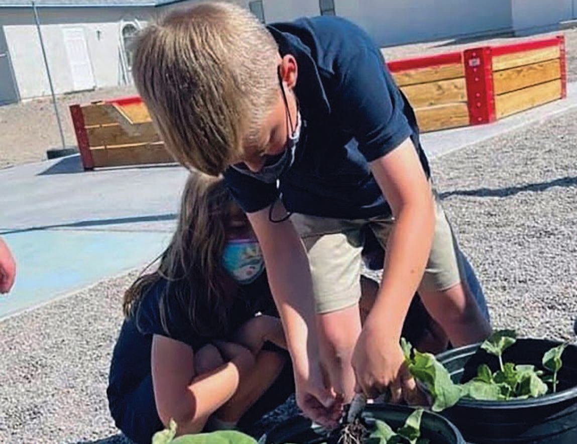 young boy planting in a pot outside
